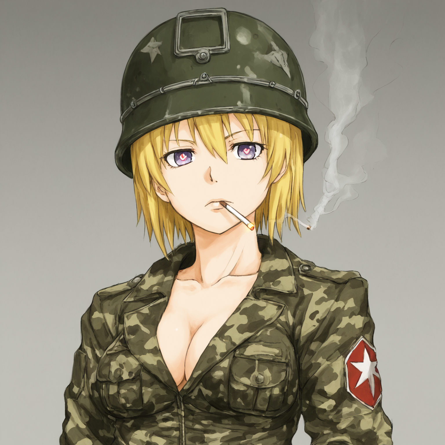 <lora:SlimesAtsushiOhkuboStyle:1>, slimes_atsushistyle, woman, portrait, short blonde hair, camo jacket, helmet, breasts, smoking cigarette, crosshair-shaped pupils, barracks background, art by Atsushi Ohkubo