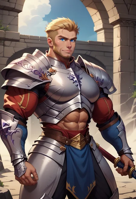 score_9, score_8_up, score_7_up, score_6_up, BREAK dynamic pose,smirk,cowboy shot,knight,knight helm,knight armor,short hair,blonde hair,Facial Hair,rugged,spread arms, (shield), (sword, swinging) sword,bodybuilder,muscular,hypermasculine,hypermuscle,beefy,tall,mature male, blue eyes, Yellow Eyebrows, Side Part Fringe Hair, Crew Cut Short Hair, Solo, 1boy, masculine, male, ((sideburns)), ((Muttons)), ((mutton chops)), Broad Shoulders,(massive pectoral),bara,manly,tiny waist, (no nipples), Fully Armored, Chestplate, Blue Sleeves, Clothed, No Nipples, {Blue Sleeves}, {Armor Over Blue Sleeves}, Holy Knight, Crusader, Templar, Sacred Temple, Holy Armor, White Armor, Chinstrap Beard, Beard