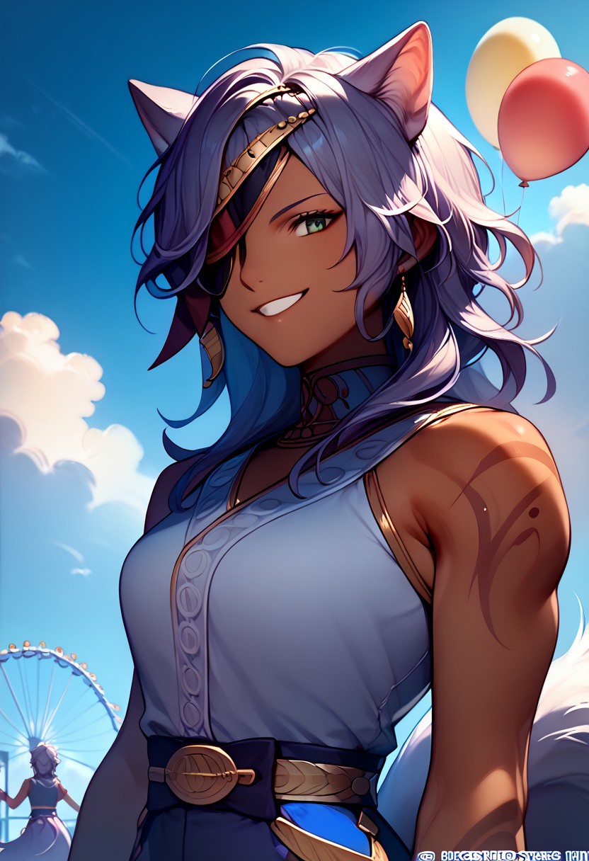 score_9, score_8_up, score_7_up, highres, (best quality:1.1), masterpiece, absurdes, multiple girls, utdoors, sky, solo focus, day, cloud, 1girl,  blue sky,balloon, roller coaster,  nailah, wolf ears, wolf tail, one eye covered, smile, dark skinned female, (upper body:1.1)