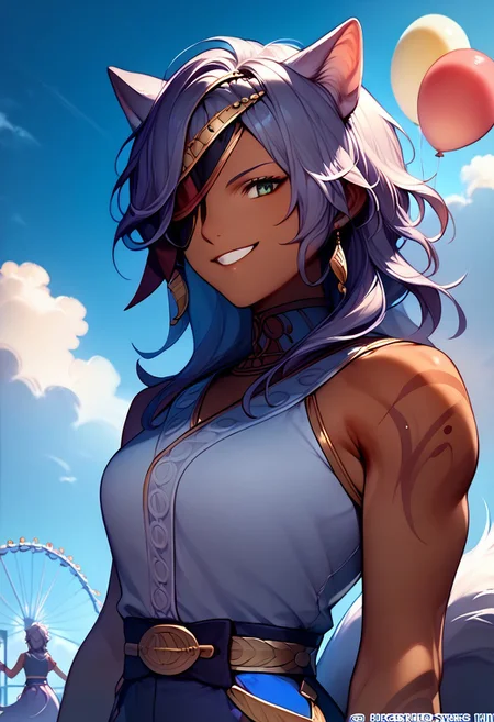 score_9, score_8_up, score_7_up, highres, (best quality:1.1), masterpiece, absurdes, multiple girls, utdoors, sky, solo focus, day, cloud, 1girl, blue sky,balloon, roller coaster, nailah, wolf ears, wolf tail, one eye covered, smile, dark skinned female, (upper body:1.1)