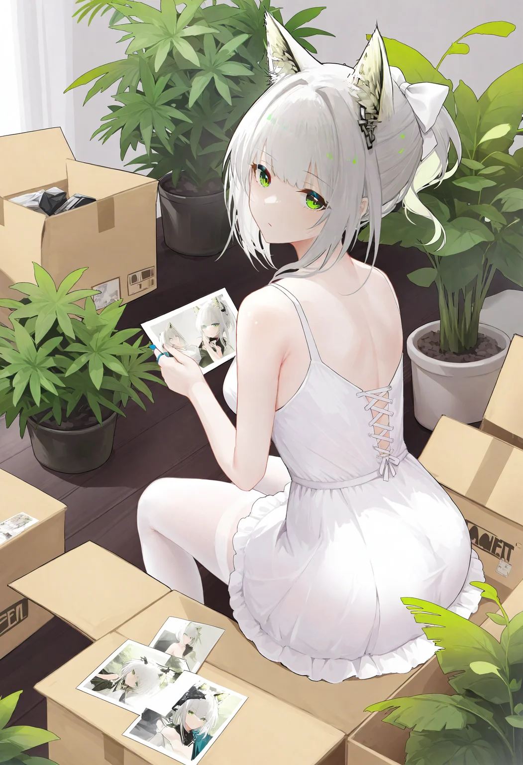 kal'tsit \(arknights\), green eyes, 1girl, animal ears, dress, plant, solo, looking at viewer, sitting, white dress, potted plant, no shoes, thighhighs, cat ears, photo \(object\), alternate costume, box, white hair, animal ear fluff, white thighhighs, amiya \(arknights\), looking back, hair bow, pantyhose, holding, cardboard box, from behind, bare shoulders, bow, short hair, ponytail, white pantyhose, sleeveless dress,masterpiece,best quality,newest,absurdres,highres,very awa,<lora:agm1_noob1.1-000192:0.8>,