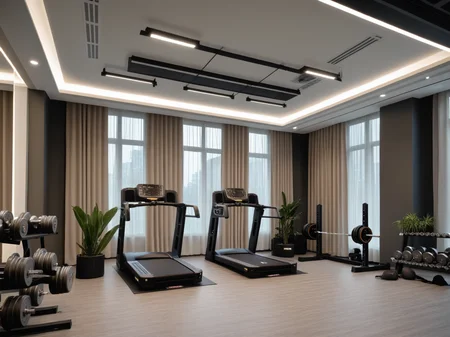 <lora:JJsGym_XL:1>, masterpiece , best quality, ((Gym)), Masterpiece, high quality, best quality, authentic, super detail ,windows ,curtains, dslr, soft lighting, high quality, ceiling light , plant,no humans,