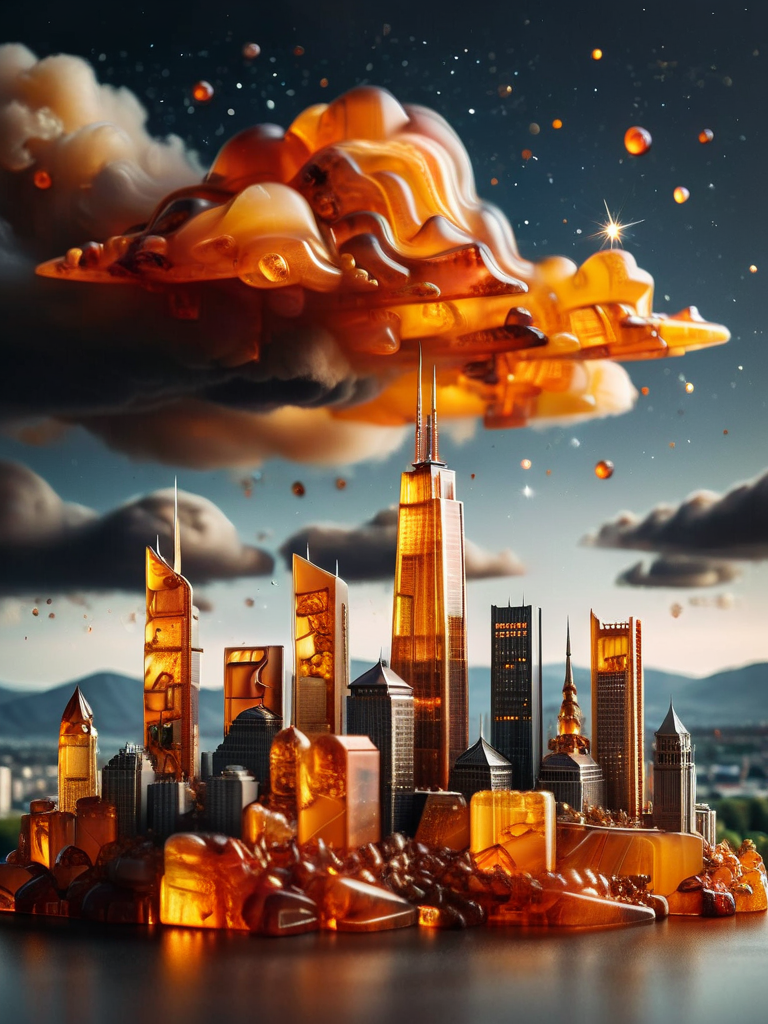 a city skyline made of ral-amber, dark clouds, stars in the sky, tilt-shift photography <lora:ral-amber-sdxl:1>