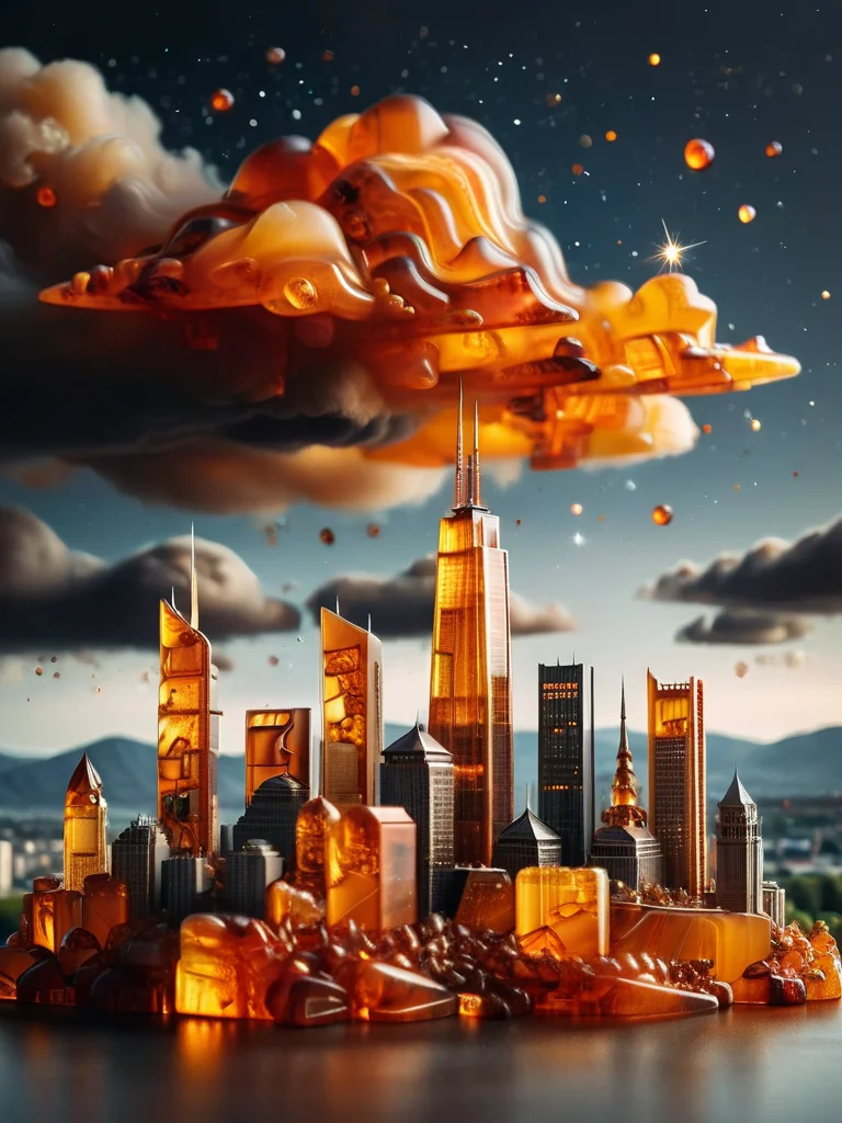 a city skyline made of ral-amber, dark clouds, stars in the sky, tilt-shift photography <lora:ral-amber-sdxl:1>