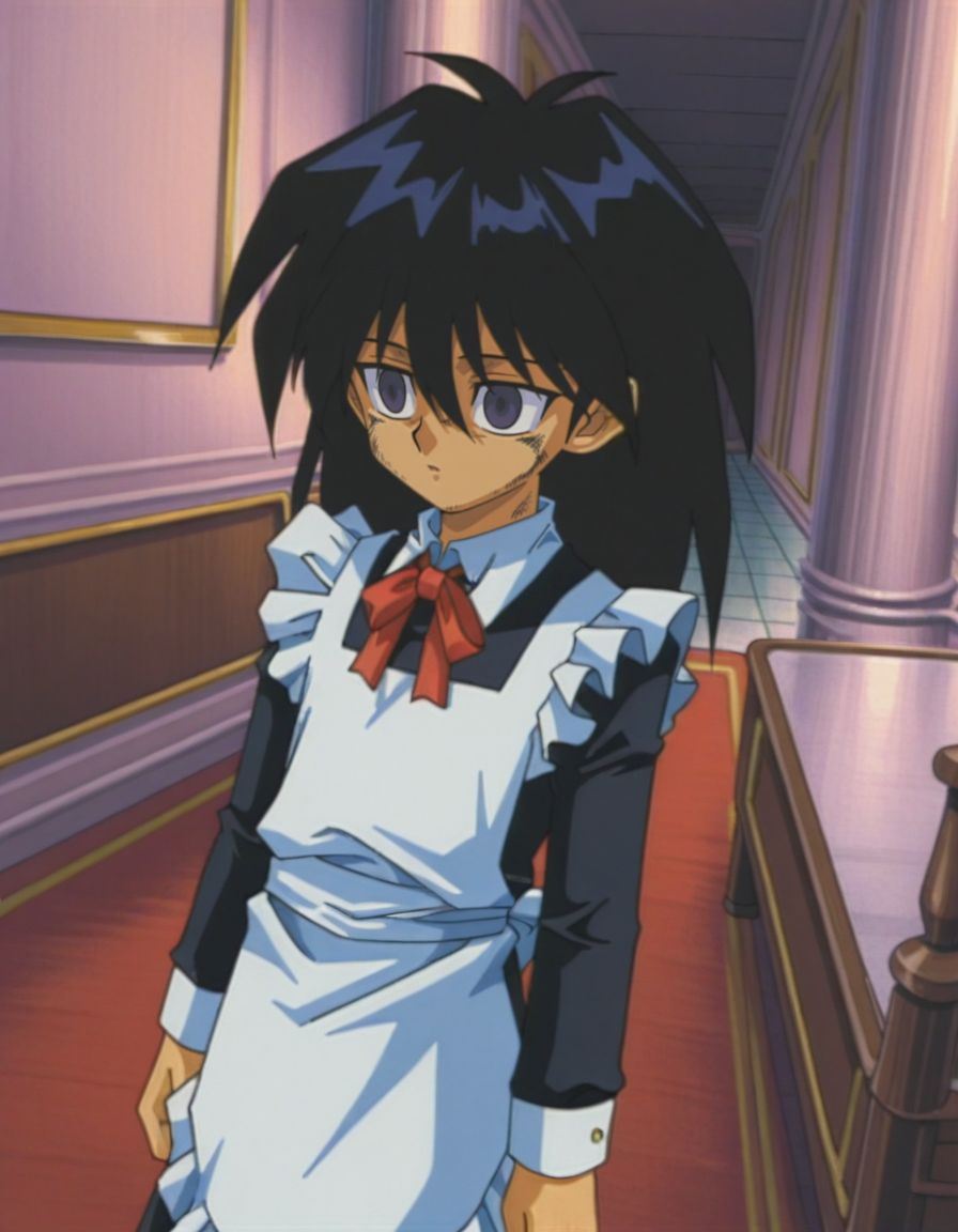 masterpiece, best quality, male focus, looking ahead, bedroom, (maid:1.2), solo,dirty, standing ready, arms at sides, dutch angle, 
<lora:Mind_Controlled_Mokuba_1:0.9>, m0ku, 1boy, black hair, long hair, purple eyes, retro artsyle, 1990s (style), hair between eyes, male child, empty eyes,