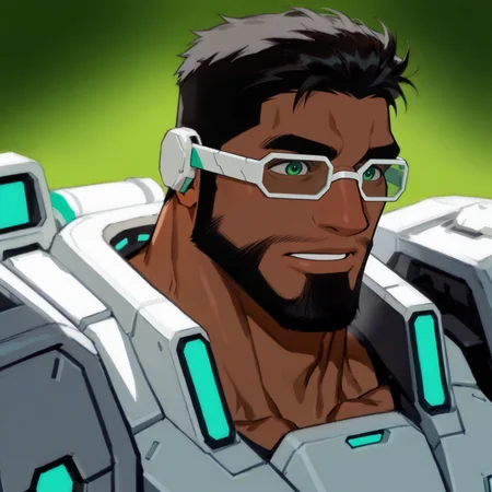 <lora:Macaron__Hi-Fi_Rush_Delegated_Roles:.7>, Macaron, Black hair, green eyes, dark skin, Black person, Mecha glasses, mecha shoulder armor,
(very short hair, beard, bara, mature, facial hair, stubble, beard, full beard, sideburn, beard, a lot of beard, ), facial hair,male focus, muscular male, muscular male, bara, mature,  bara, mature, aixiwuganda_(20222192), very awa, masterpiece, best quality, absurdres, newest, perfect quality, detailed background, intricate details,
<lora:slider_Body Type_alpha1.0_rank4_noxattn_last:3><lora:Anime Summer Days 2 Style SDXL_LoRA_Pony Diffusion V6 XL:.6><lora:slider_cfg_scale_boost:.7><lora:Artist6p:.55>, Artist6p, Artist04p,<lora:slider_il_brightness_slider_d1:-1><lora:slider_il_contrast_slider_d1:-1><lora:slider_DarkSlider1.2_alpha1.0_rank16_full_300steps:-.6>