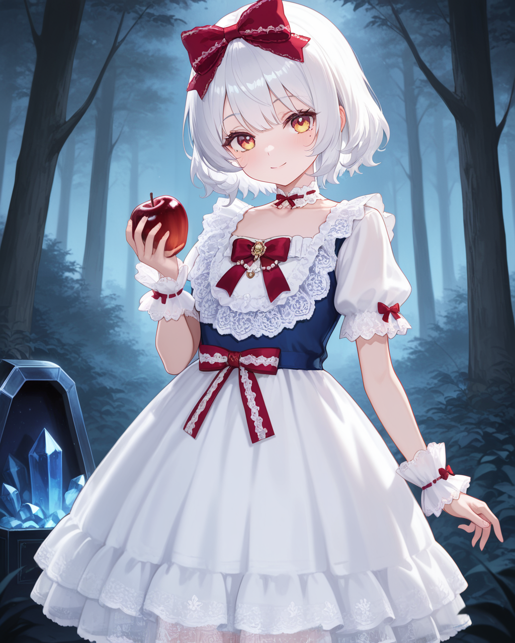 Positive: Masterpiece, best quality, amazing quality, very aesthetic, high resolution, ultra-detailed, absurdres,
1girl, solo, 
subanxia,
short hair, white hair,red eye,yellow eye,mole under eye, looking_at_viewer,light_smile,  
blue top white skirt red bow vintage lace dress,
white skirt,short sleeves,puffy short sleeves,frills,wrist cuffs,lace,apron,blue vest,ribbon,red bow,choker,
hair bow,
holding an apple,
standing, cowboy_shot,
enchanted forest, crystal coffin, poisoned apple, foggy glade,wooden_horse,    
