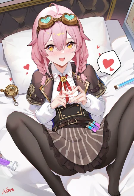1girl,ace taffy,pink hair,goggles on head,solo,virtual youtuber,belt,striped skirt,smile,ahoge,long sleeves,skirt,corset,ribbon,white shirt,vertical-striped clothes,red ribbon,neck ribbon,vertical-striped skirt,medium hair,braid,capelet,brown eyes,heart,:d,vial,twin braids,flask,hair between eyes,yellow eyes,test tube,steampunk,striped clothes,
safe,spread legs,blush,shy,lying on bed,m legs
(tianliang duohe fangdongye:0.6),(wlop:0.3),(ciloranko:0.4),(kani biimu:0.3),(ningen mame:0.6),(momo no sukebe:0.7),omone hokoma agm,atdan,
newest,absurdres,highres,masterpiece,best quality,year 2024,
<lora:taffy_NoobVpred10:1>,