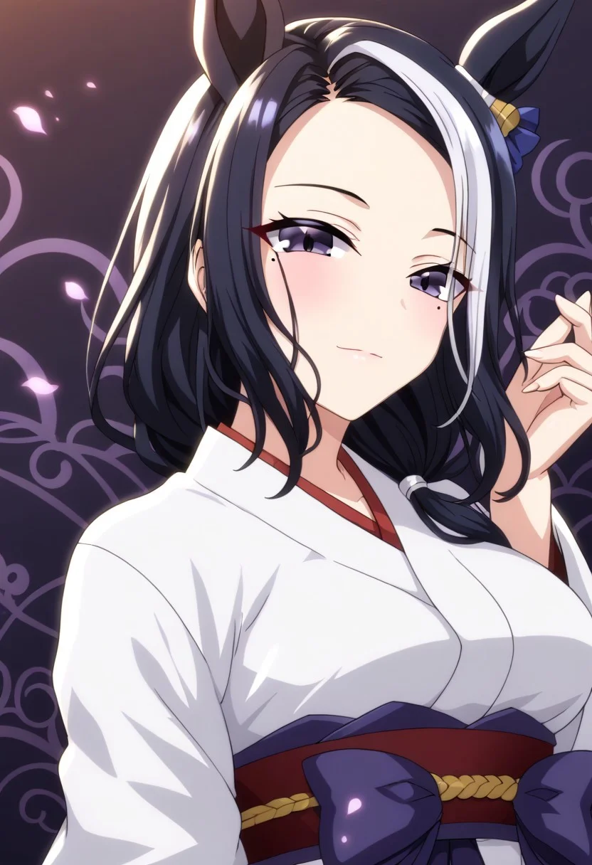 detailed background, shiny skin, posing, rating safe,
rmnsd, horse girl, multicolored hair, streaked hair, ear ornament, mole under eye saimin.il,
saimin, tsubaki,
clothed girl, kimono, 18 years old ,women,solo,1girl