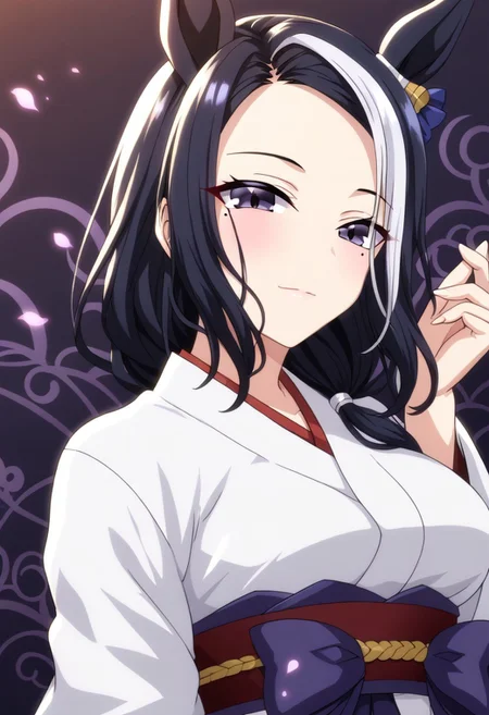 detailed background, shiny skin, posing, rating safe,
rmnsd, horse girl, multicolored hair, streaked hair, ear ornament, mole under eye saimin.il,
saimin, tsubaki,
clothed girl, kimono, 18 years old ,women,solo,1girl