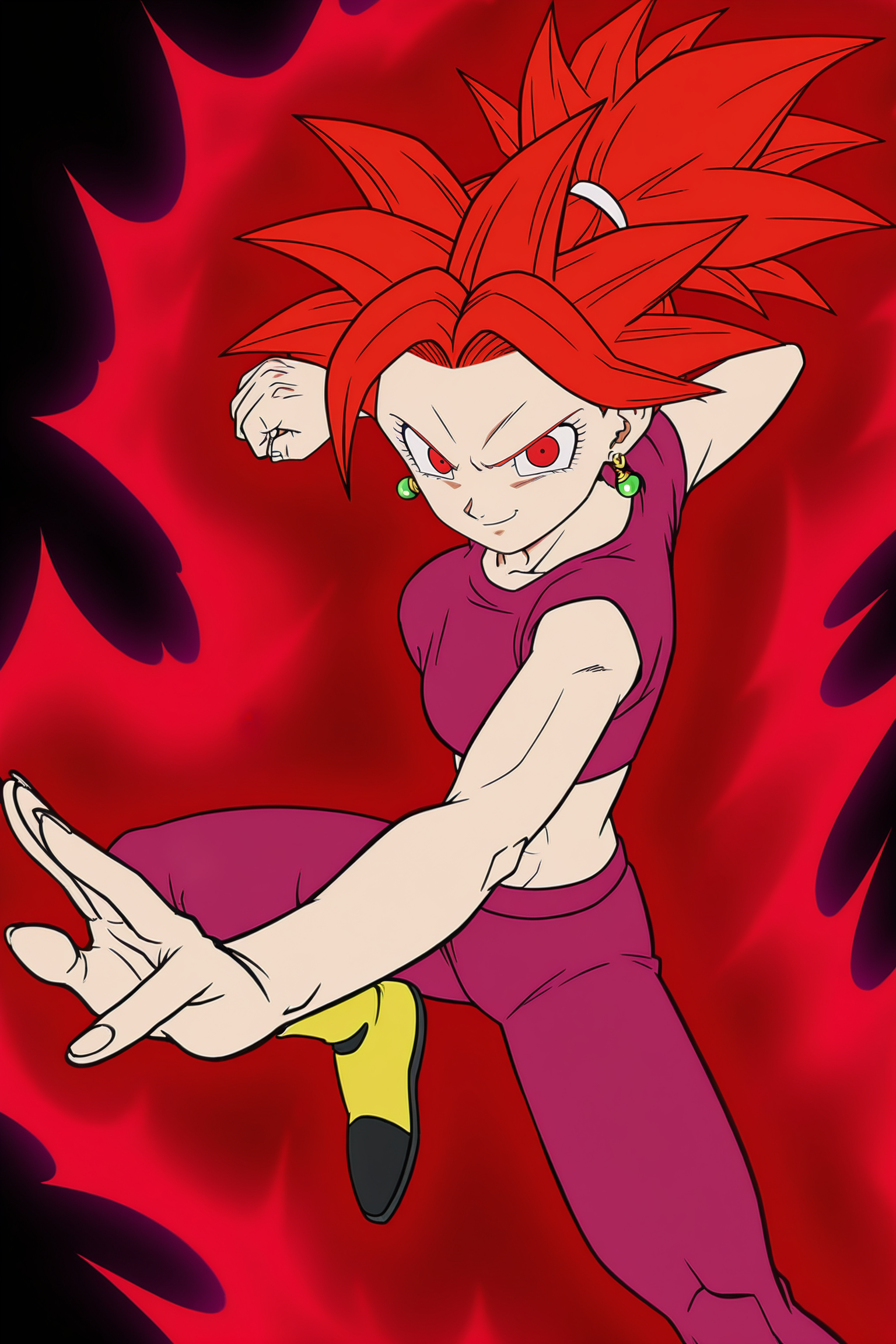 anime screencap, absurdres, high quality, official style,
kefla \(dragon ball\), super saiyan god, official style, 1girl, solo, spiked hair, red hair, ponytail, eyelashes, red eyes, constricted pupils, closed mouth, potara earrings, crop top, purple topwear, short sleeves, midriff, abs, navel, bare arms, form fitting, yoga pants, purple bottomwear, two tone footwear, yellow footwear, boots, midair, fighting stance, looking at viewer, fingernails, red aura, black background, simple background, knee up, v-shaped eyebrows, smirk
<lora:Kefla_IL:0.8>