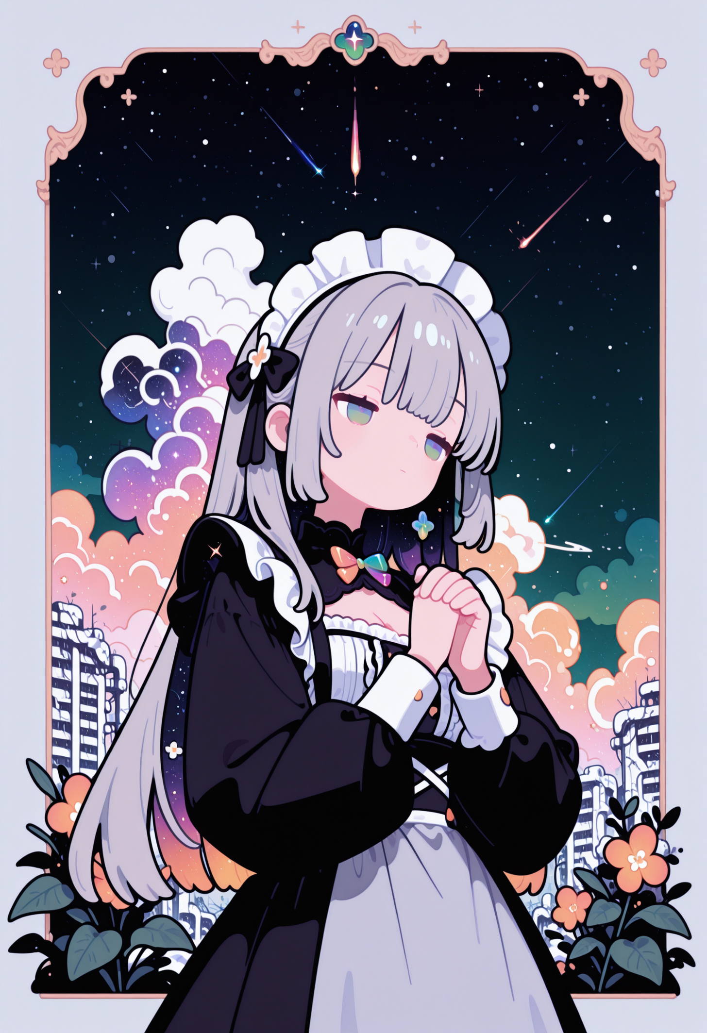 masterpiece, best quality, good quality, newest, highres, absurdres, from below,
pastel cyan eyes, grey hair, multi colored hair, long hair, hair ornament, twintale, colored inner hair,
half closed eyes, dazed, emotionless, small breasts, cleavage,
decorative victorian maid dress, frills, long sleeves,  center frills, high-waist skirt, puffy long sleeves, neon bow ,
1girl, solo, upper body,
praying, many flowers in background,
looking to the side, leaf,  simple gradient emerald  background with thick white border,
symmetrical clouds,
abandoned city covered by snow in background, , (galaxies in sky, light particles, many shooting starts),
Flat vector illustration, fl4t,
<lora:fl4t:1.2>