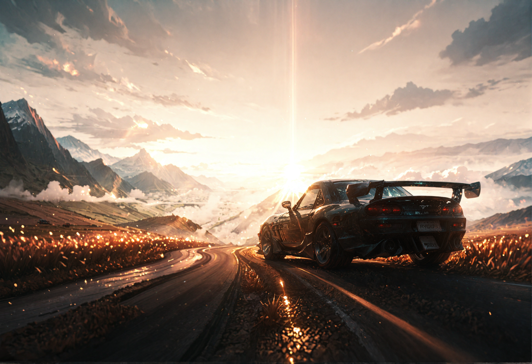 masterpiece, best quality, hyper-realistic, ultra-HD, luminous lighting, cinematic ambiance, shimmering gradients, ethereal glow, deep contrast,  rich color tones, seductive atmosphere, Cinematic Lighting, BREAK raytracing, volumetric lighting, ambient occlusion, soft volumetric fog, sun, cloud, scenery, mountain, Ricefield, bigger road, Car, mazda rx-7,   <lora:DetailedEyes_V3:1>, <lora:USNR STYLE_XL_loha:0.45>, <lora:MGE_V5.3:0.6>, <lora:GBF_Illustrious:0.4>, <lora:748cmSDXL:0.8>, <lora:ponyv6_noobE11_2_adamW:0.7>, <lora:GENESIS_MK0.2:0.5>