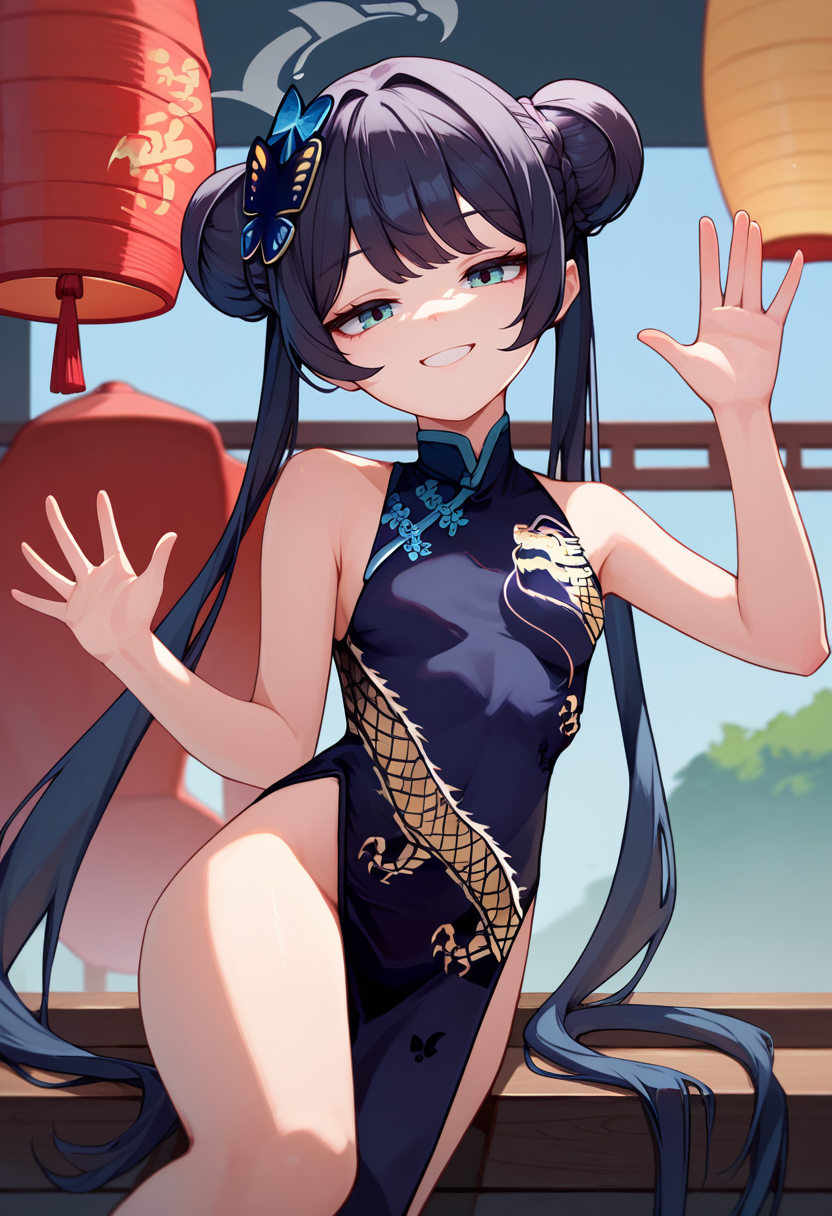 score_9, score_8_up, score_7_up, 1girl, ksak, black hair, double bun, low twintails, china dress, hair ornament, waving, light smile,   <lora:Kisaki 3-000007:1>