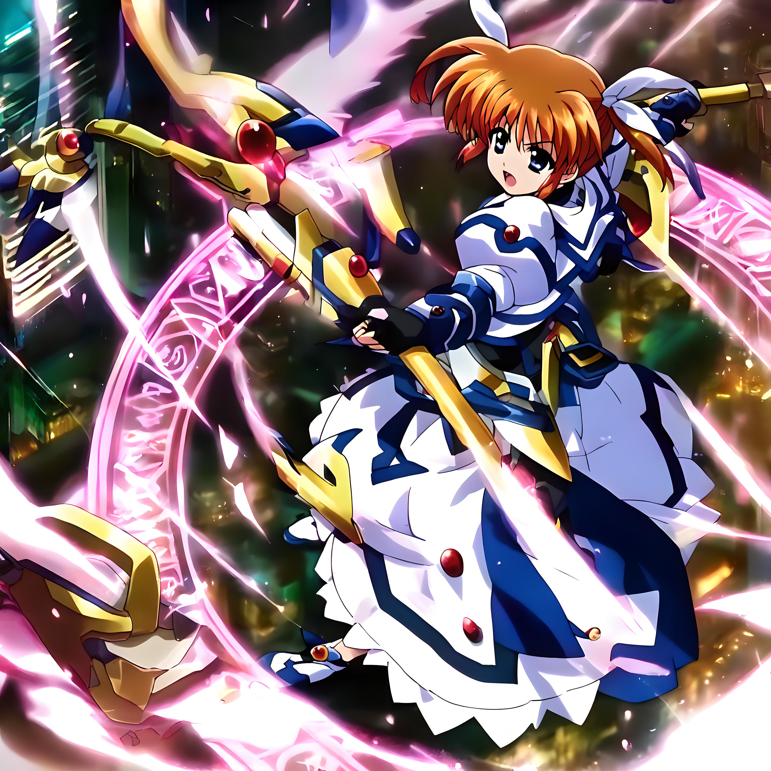 <lora:pony_xl_nanoha:0.8>,nanoha,score_9,score_8_up,score_7_up,source_anime,1girl,solo,magical girl,jacket,white dress,long sleeves,puffy sleeves,juliet sleeves,black gloves,fingerless gloves,long skirt,socks,winged footwear,shoes,wings,takamachi nanoha,<lora:pony_xl_slb:0.6>,slb,weapon,holding,staff,magic,magic circle,beam,full body,open mouth,sky,city,cityscape,building,full_shot,from_above,