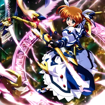 <lora:pony_xl_nanoha:0.8>,nanoha,score_9,score_8_up,score_7_up,source_anime,1girl,solo,magical girl,jacket,white dress,long sleeves,puffy sleeves,juliet sleeves,black gloves,fingerless gloves,long skirt,socks,winged footwear,shoes,wings,takamachi nanoha,<lora:pony_xl_slb:0.6>,slb,weapon,holding,staff,magic,magic circle,beam,full body,open mouth,sky,city,cityscape,building,full_shot,from_above,