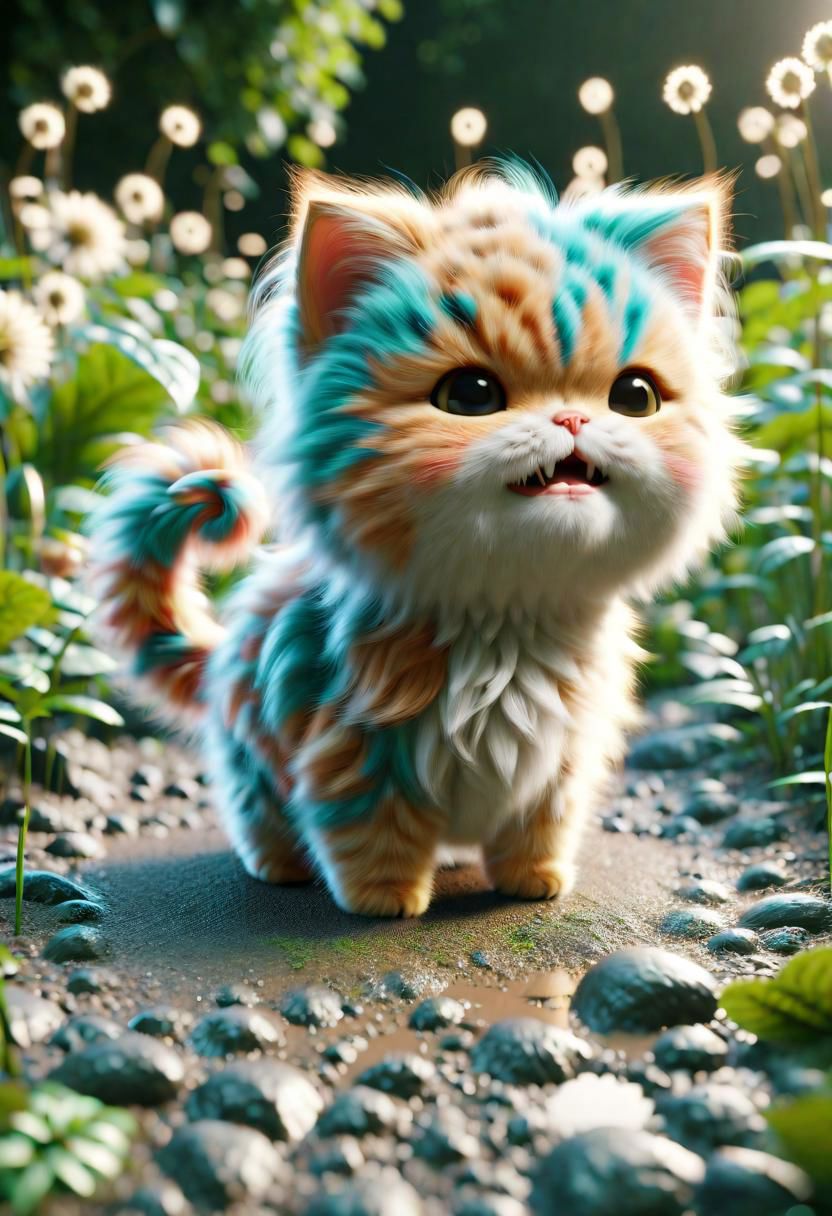 ral-fluff,<lora:ral-fluff:1>,
chibi,masterpiece,best quality,original,official art,metallic cat,hat,flower,blurry background,rendering,beautiful detailed glow,(detailed ice),beautiful detailed water,sunny, blurred flower, happy,grin