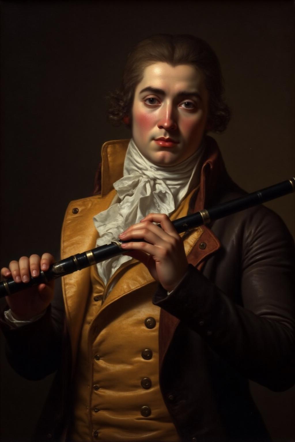 jldavid1 painting.
A young man holding a flute. He has short, curly brown hair and a prominent nose. He is dressed in 18th-century attire, which includes a high-collared, white ruffled shirt, a yellow waistcoat with a subtle sheen, and a dark, textured coat. The waistcoat is adorned with small, round buttons that add a tactile detail to the painting. <lora:jldavid1_cap_d6a3:1.0><lora:815785590269166511:0>