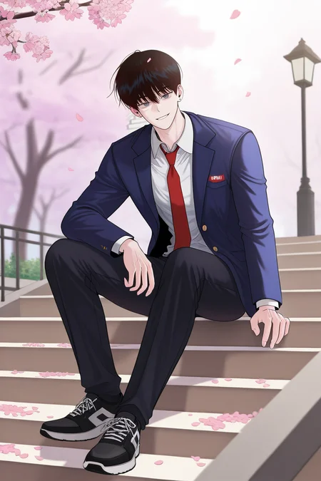 masterpiece, best quality, amazing quality, very aesthetic, high resolution, ultra-detailed, absurdres, newest, scenery, volumetric lighting, depth of field,anime screencap, , , 1boy, solo, male focus,<lora:yoonwon:0.85>,goo yoon won,black hair,grey eyes,short hair,bangs,hair between eyes,scar,scar on face,smile, shirt, long sleeves, jewelry, sitting, jacket, school uniform, white shirt, full body,earrings, piercing,right ear bare, necktie, shoes, collared shirt, pants, black footwear, blue jacket, petals, black pants, suit, red necktie, sneakers, cherry blossoms, stairs, sitting on stairs,looking at viewer