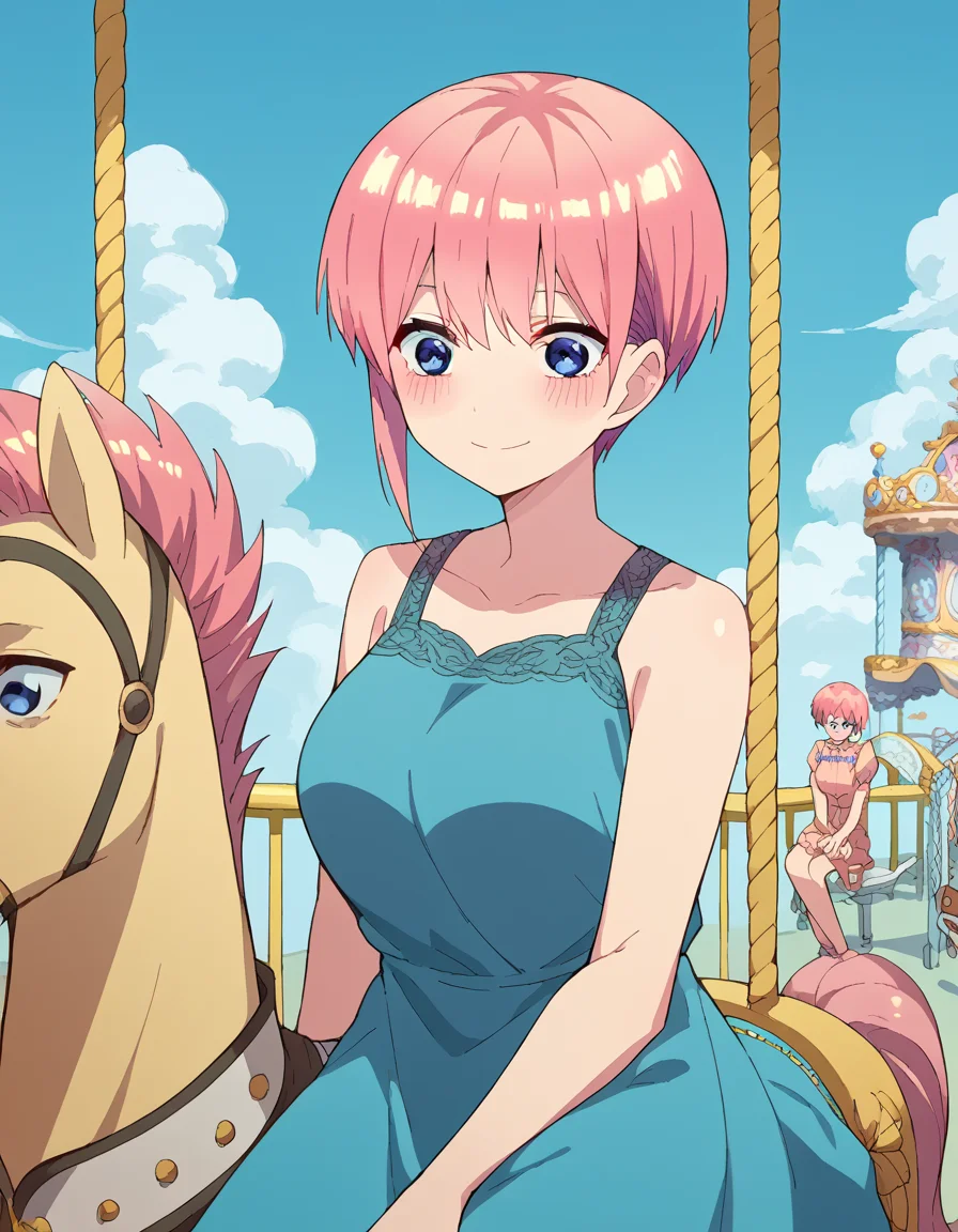 score_9, score_8_up, score_7_up, source_anime, <lora:ichika-nakano-s2-ponyxl-lora-nochekaiser:1>, ichika nakano, short hair, bangs, blue eyes, hair between eyes, pink hair, pixie cut, large breasts, <lora:carousel-ponyxl-lora-nochekaiser:1>, carousel, sitting, riding,, blush, smile, casual dress, solo,,