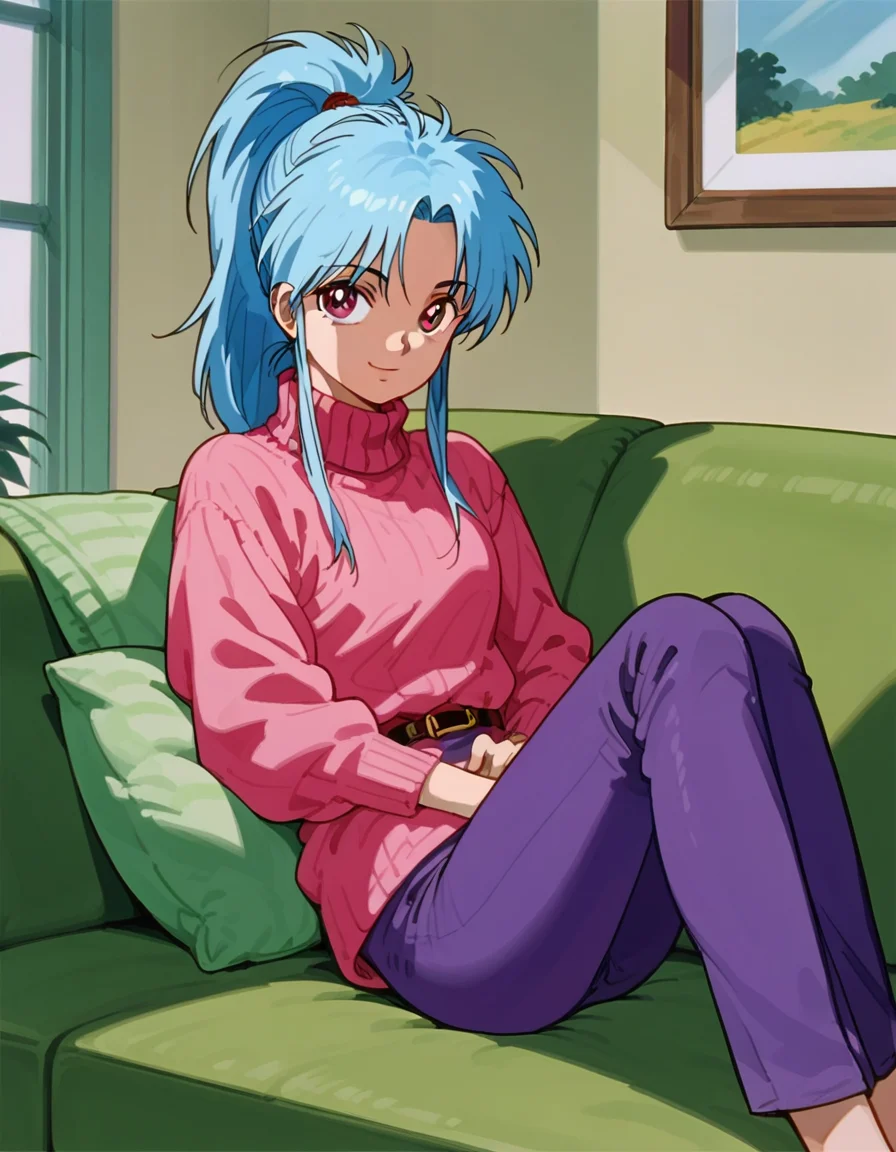 score_9, score_8_up, score_7_up, 1girl, solo, 
<lora:Botan PDXL:0.8>, botan, ponytail, blue hair, parted bangs, pink eyes, turtleneck sweater, pink sweater, belt, purple pants, pants, 
indoors, sitting, on couch, seductive smile,