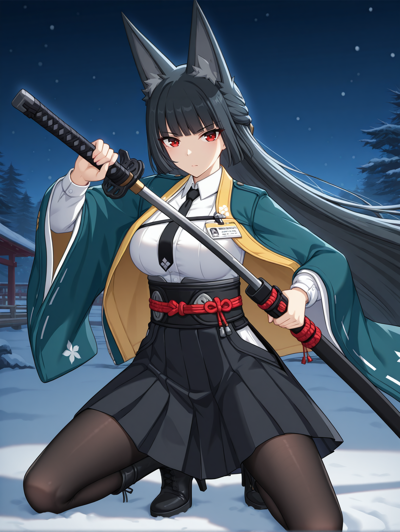<lora:zzz-v6-illustrious:0.8>
miyabi, red eyes, green jacket, necktie, black necktie, white shirt, id card, hakama skirt, pantyhose, katana, high heel boots 1girl, solo, unsheathing, serious, snow, night, dramatic,
masterpiece, best quality, cinematic lighting