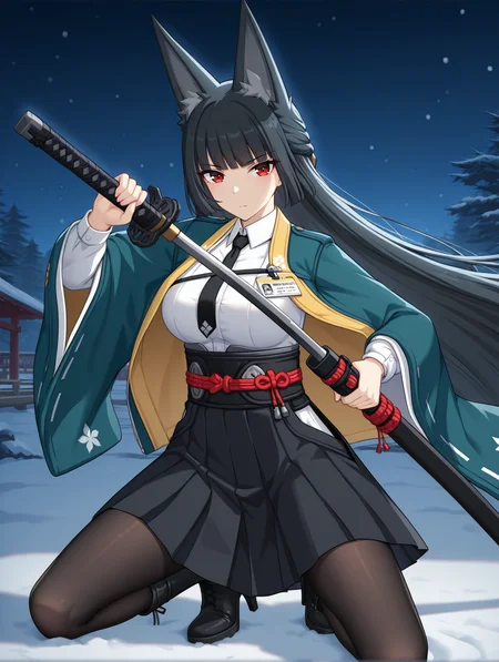<lora:zzz-v6-illustrious:0.8>
miyabi, red eyes, green jacket, necktie, black necktie, white shirt, id card, hakama skirt, pantyhose, katana, high heel boots 1girl, solo, unsheathing, serious, snow, night, dramatic,
masterpiece, best quality, cinematic lighting