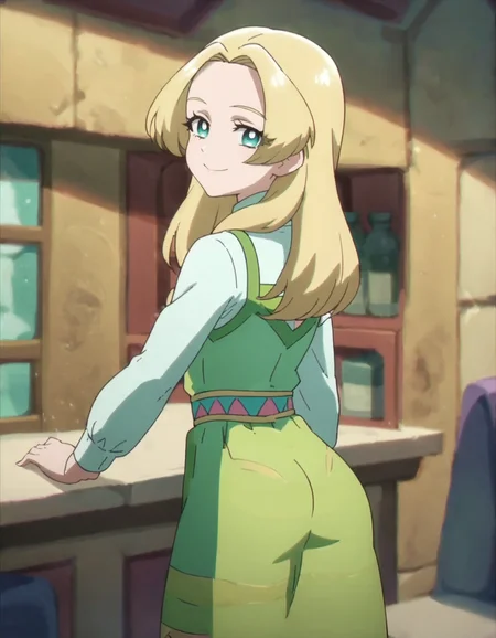 score_9, score_8_up, score_7_up, anime screencap, solo,1girl,smile, long sleeves, green dress, long hair, looking at viewer, blonde hair, shirt, aqua eyes, cowboy shot,from behind,ass,green skirt,<lora:aunete:0.8>
