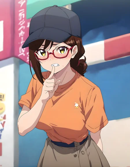 <lora:pony_xl_minami:0.9>,minami,score_9,score_8_up,score_7_up,source_anime,1girl,solo,looking at viewer,black headwear,baseball cap,red-framed eyewear,orange shirt,short sleeves,dark brown skirt,blush,teeth,clenched teeth,finger to mouth,shushing,outdoors,cowboy_shot,front view,