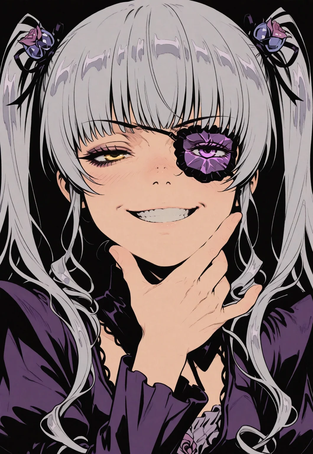 1 girl, ({{shy}}, half-closed eyes, Bala Suisho (Rozen Maiden), petite, silver hair, long hair, thin twin tails, crystal hair jewellery, golden eyes, purple pink eye patch over left eye, purple gothic outfit, long purple boots, anime girl. hand on chin, mean grin, rogue pose, close-op face,
sinozick style, flat color, dark theme, in the style of cksc