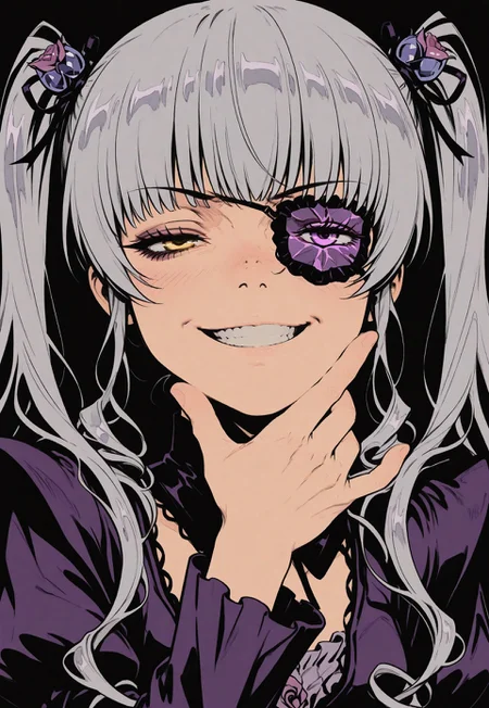 1 girl, ({{shy}}, half-closed eyes, Bala Suisho (Rozen Maiden), petite, silver hair, long hair, thin twin tails, crystal hair jewellery, golden eyes, purple pink eye patch over left eye, purple gothic outfit, long purple boots, anime girl. hand on chin, mean grin, rogue pose, close-op face,
sinozick style, flat color, dark theme, in the style of cksc