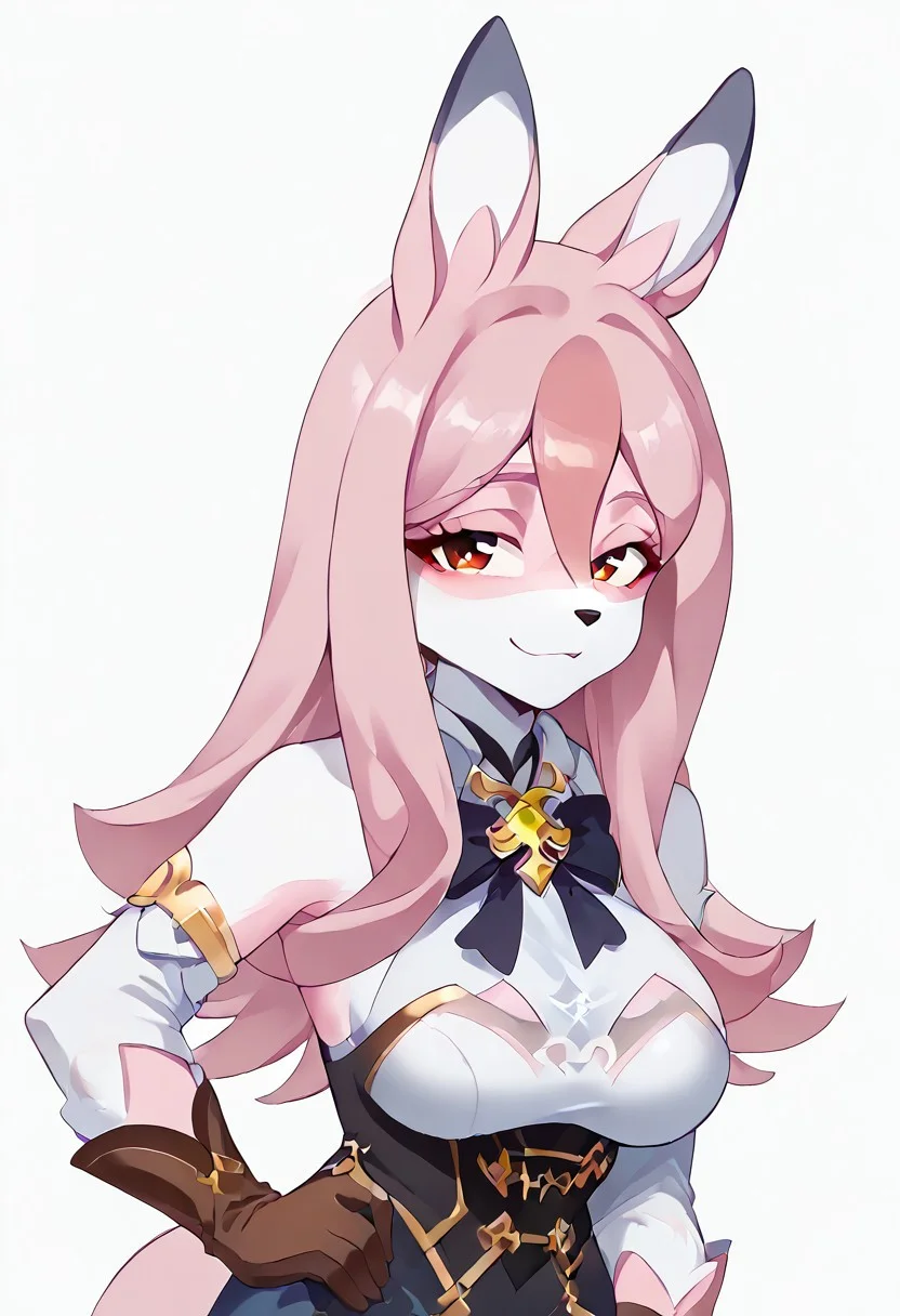 1girl, ((solo)), best quality, ultra-detailed, extremely detailed, perfect anatomy, masterpiece, score_9, score_8_up, score_7_up, Expressiveh, anthro, furry, fox, nazuna, pink and white fur color, two-tone fur, pink hair, long hair, hair between eyes, red eyes, animal ears, animal tail, fluffy tail, brown_gloves, :3, hairclip, shirt, bare_shoulders, bowtie, smile, looking_at_viewer, genshin_impact, upper_body, hat, long_sleeves, detached_sleeves, sidelocks, big breasts, thick thighs, wide hips, fully clothed, ((full body)), standing, leaning forward, one hand on hip, anime pose, cowboy shot, tipping hat,