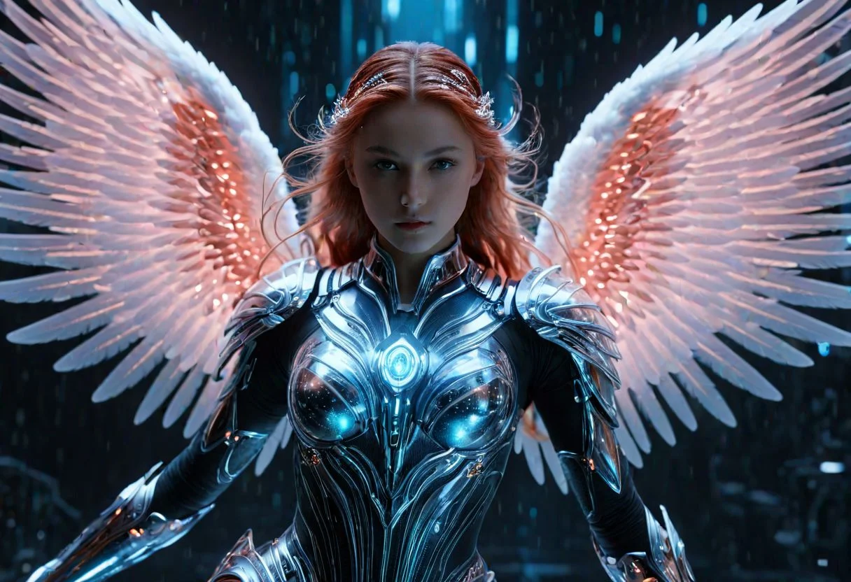 (score_9, result_8_up:1.1), 1angel-like girl ,(masterpiece:1.1), (best quality:1.1), piercing light, (aesthetics:1.1), (low colors:1.2), BREAK,
<lora:-_SDXL_-_holo_effect_V1.0:1>levitates, ((different body positions)),holding a fiery sword in his handFuturistic epic action scene of Angel made of translucent materials and its internal structure is clearly visible, including blood spills and light-emitting explosions. its precise construction. High Tech and Futuristic Angel Body Scan Bioluminescence Fiber Optic Masterpieces Octane Rendering Unreal Engine
, intricate details, UHDR, 32K,