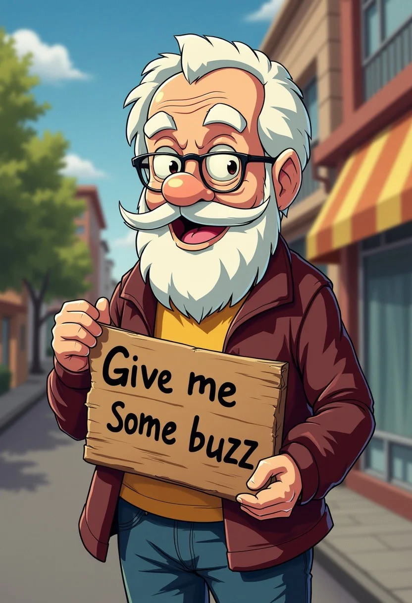 grandpa holding a sign "give me some buzz ",anime style
