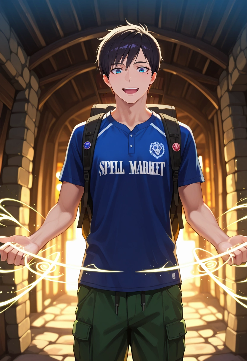 masterpiece, best quality, intricate details, semi-realistic, , 1boy, solo, male focus, <lora:yukio_okumura_ilxl:0.92>, yukio_okumura, black hair, blue eyes, mole, mole under eye, , magic market, spell stalls, potion shops, enchanted paths, shopping pose, excited expression, magical lighting, Slim-fit cargo pants, Jersey Animal print Button-down shirt, , , Camping Backpack and