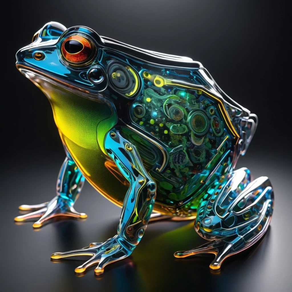 holotech frog, made of glass, colorful, ultra detailed