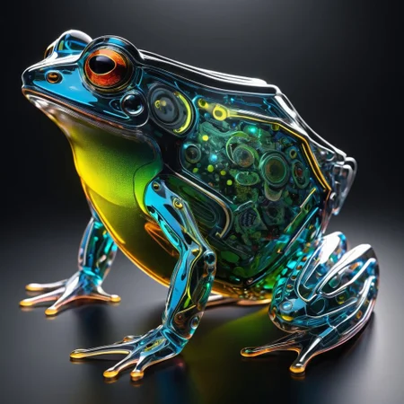 holotech frog, made of glass, colorful, ultra detailed