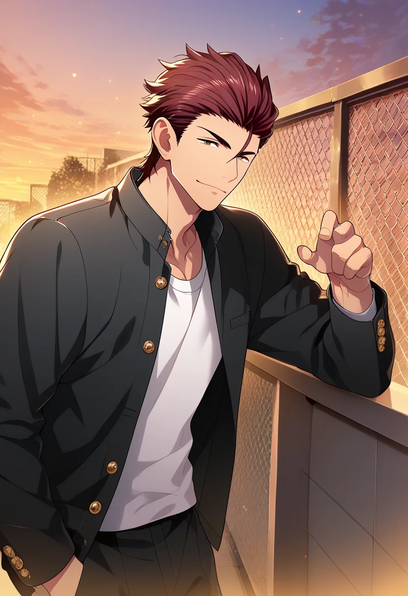 2boys, male focus, multiple boys,
<lora:Character - Kenka Bancho Otome - Houou Onigashima:1> houou, brown eyes, red hair, hair slicked back,
((zPDXL)), score_9_up, score_8_up, score_7_up, score_6_up, score_5_up, score_4_up, best quality, amazing quality, best aesthetic, absurdres, year2023, nsfw, game cg, official art, official style, uncensored,
<lora:Style - Ecstasy_Emperess:0.5> emper3ss, looking at viewer,
rooftop, chain-link fence, against fence, gakuran, white shirt, jewelry,