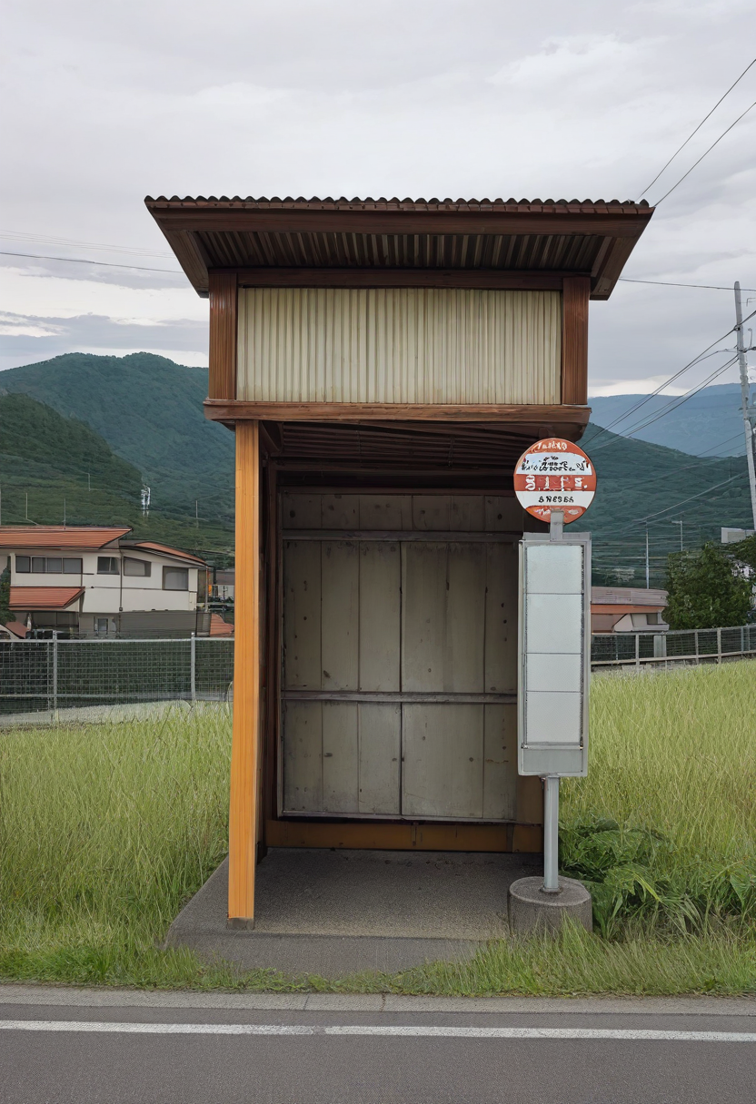 basutei, bus stop, no humans, scenery, grass, outdoors, rural, tree, sky, sign, utility pole, mountain, power lines, day, real world location, building, road, house, cloud, landscape, poster (object), mountainous horizon, fence, hill, photo background, bush, japan, field, nature
masterpiece, best quality, amazing quality, very aesthetic, absurdres, newest,
 <lora:sc_bustei_illustrious_V1L:1>