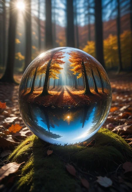 Crystal ball containing a forest ablaze with autumn colors,
under a pristine blue sky,
mysterious ambiance,
capturing the essence of fall,
sharp reflections,
perfect clarity,
dramatic lighting,
ultra clear.,
Mysterious