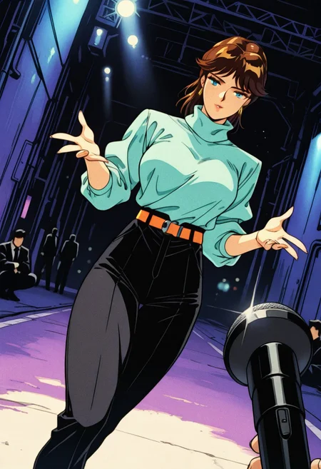 JaquelineMoyertMB, 1girl, solo, brown hair, medium hair, bangs, blue eyes, eyelashes, nose, pink lips, earrings, large breast, thick thighs, pale aqua turtleneck, orange belt, black pants, blue shoes, elbow sleeves, handbag, news microphone,
,seductive pose, sexy pose, tease,
masterpiece, best quality, ultra-detailed, very aesthetic, detailed background, very aesthetic, newest, scenery, highres, 4k, absurdres, 8k, colorful,vibrant, glowing, perfect face, 2d, perfect eyes, detailed eyes,
masterpiece, best quality, ultra-detailed, very aesthetic, newest, scenery, absurdres, perfect anatomy, , perfect face, perfect eyes, mature body, clear eyes, beautiful eyes, athletic, curvy body, athletic girl, perky tits, perfect tits, round breasts, pinup pose, teasing, lustful expression,
muscular female, dutch angle,
reporter, with a news microphone in her hand, bokeh, in a distant photo shoot, on the street, reporting from the scene,
,detailed eyes,Smooth Negative, highres, absurdres, uncensored, 90s_anime_aesthetic, 1990s (style), retro, retro artstyle,retro_artstyle, retro, cyberpunk