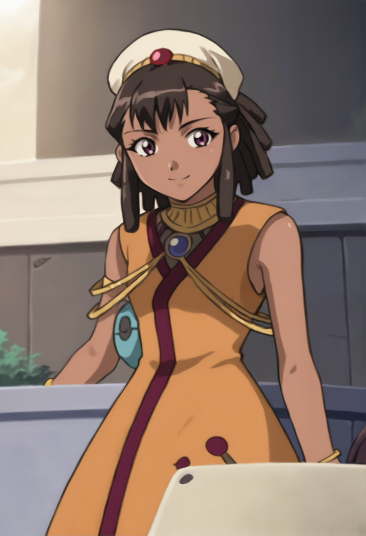 score_9_up, source_anime, amarone_sliantheav, 1girl, brown hair, dark skin, dark-skinned female,  black hair,  jewelry, short hair, brown eyes, purple eyes, bracelet,   sidelocks, long hair, ponytail,  dreadlocks, asymmetrical bangs, hat,dress,sleeveless. smile.