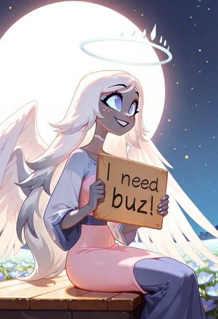 score_9, score_8_up, score_7_up, masterpiece, best quality, amazing quality, extremely detailed, absurdres, adult, mature, 1girl, xemilyx, white hair, long hair, grey skin, freckles, blue eyes, no pupils, angel wings, halo, solo, night, moonlight, sitting in heaven, wonderful flower garden in heaven, view from side, holding sign, "I need buzz!" is written on the sign, need_buzz, smile, highly detailed, soft colors.