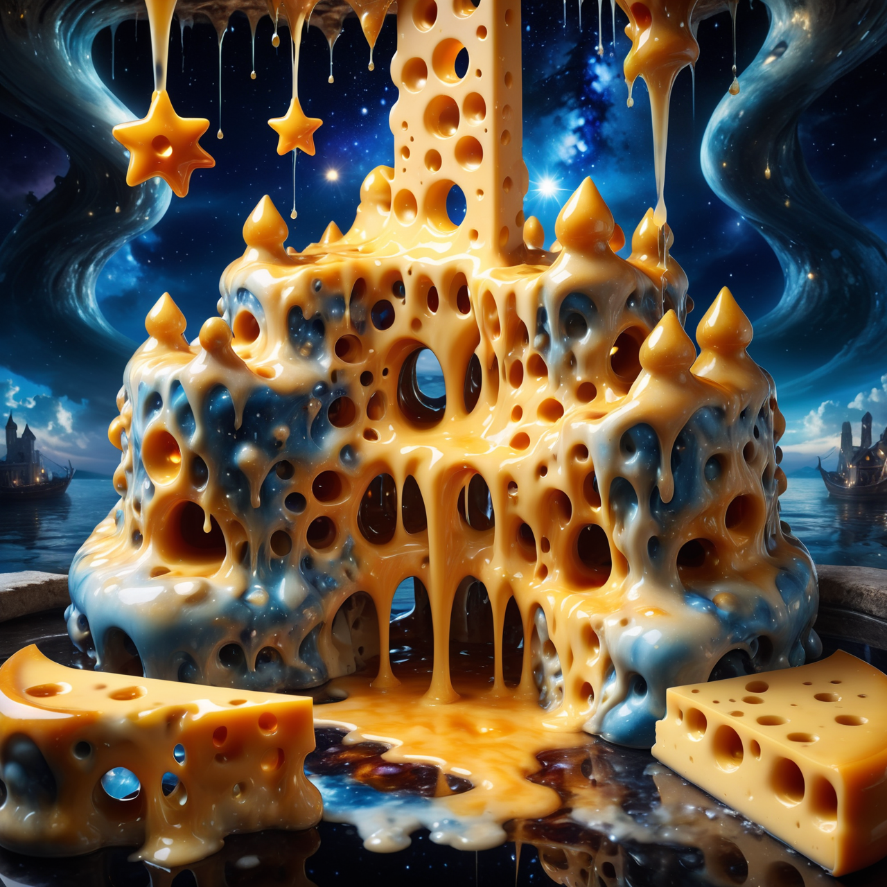 Jed-Drpgcese, masterpiece, full of details <lora:DrippingCheeseStyle-000006:0.8>, Murano Modular ("Trust":1.2) , crowded dungeon, Stars in the sky, highly detailed, intricate, imposing, epic atmosphere, dynamic composition, fine polished, cinematic light, excellent composition, dynamic, cute