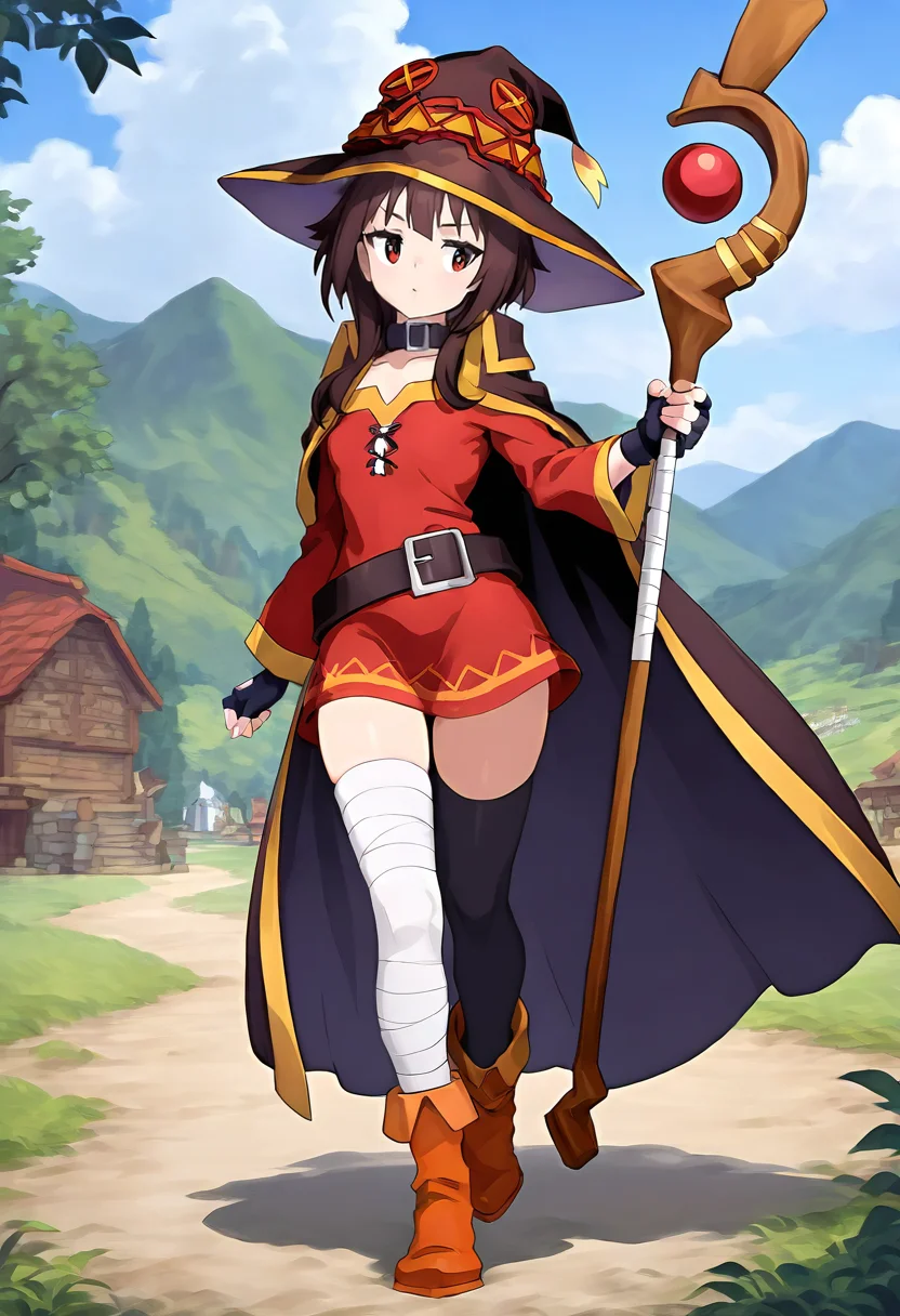 <lora:unicornOLIL:1>megumin,village,staff,full body, very awa, masterpiece, best quality, amazing quality, very aesthetic, absurdres, sensitive, newest <lora:spo_sdxl_10ep_4k-data_lora_webui:0.7>,