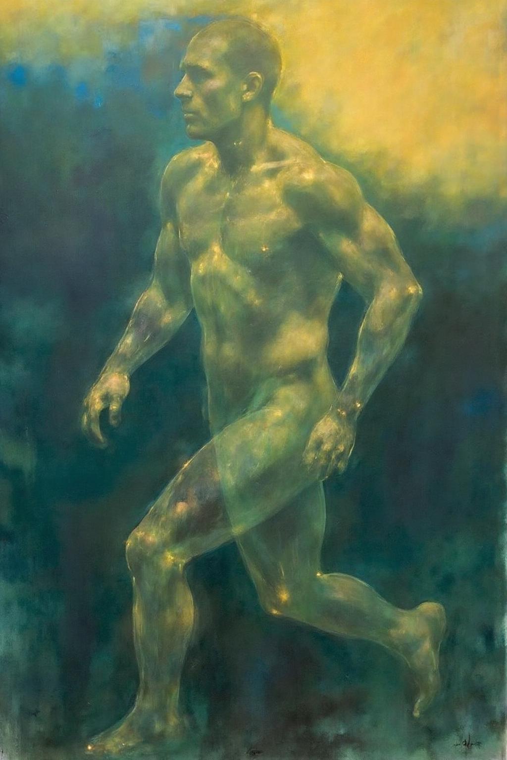 painting.
A muscular man is walking. He is rendered in green and yellow, blending into a background gradient of blue and yellow. He appears translucent with glowing lines and dots suggesting movement or energy. The background is abstract, with no distinct shapes or objects. <lora:billbate1_cap_d8a4e12:1.0><lora:852798802367652741:0>