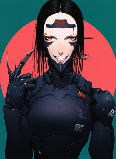 artist:, masterpiece, best quality, newest, very awa, absurdres, highres, tmnh, 1girl, cyborg, grin, red eyes, Classic Finger Waves with pin hair, black hair, beautiful background, detailed, <lora:Tsutomu_Nihei_Blame_Style_Illustrious:1.0>