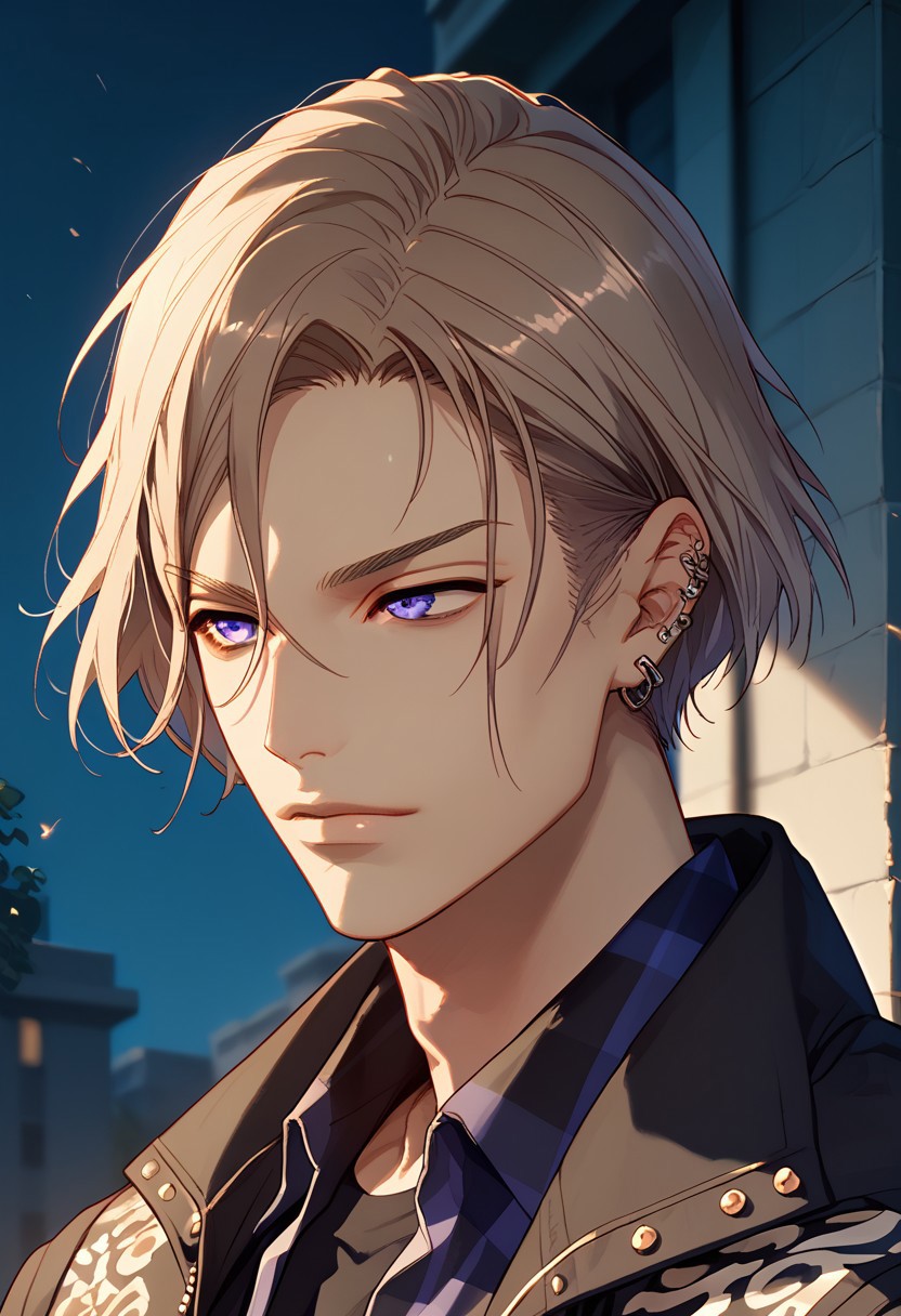 score_9,score_8_up,score_7_up,boy focus,1boy,outside,18yo,Expressiveh,very aesthetic,handsome face,cinematic_angle,dutch angle,best quality,amazing quality,best aesthetic,absurdres,pale skin,blue eyes,purple eyes,slender body,furrowed brows,slender body,perfect male anatomy,shiny skin,sinozick style,flat color, dark theme