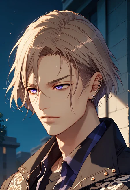 score_9,score_8_up,score_7_up,boy focus,1boy,outside,18yo,Expressiveh,very aesthetic,handsome face,cinematic_angle,dutch angle,best quality,amazing quality,best aesthetic,absurdres,pale skin,blue eyes,purple eyes,slender body,furrowed brows,slender body,perfect male anatomy,shiny skin,sinozick style,flat color, dark theme
