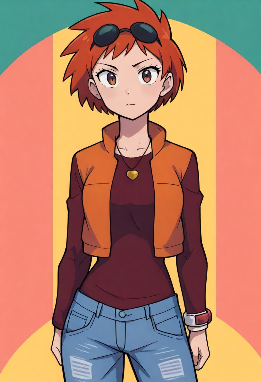 2d, masterpiece, best quality, amazing quality, highres, absurdres, newest, 1girl, solo, cowboy shot, looking at viewer, multicolored background, simple background, colorful background, medium breasts, pkzoey, orange hair, short hair, spiked hair, bangs, necklace, eyewear on head, sunglasses, red shirt, long sleeves, bracelet, orange vest, jeans, denim